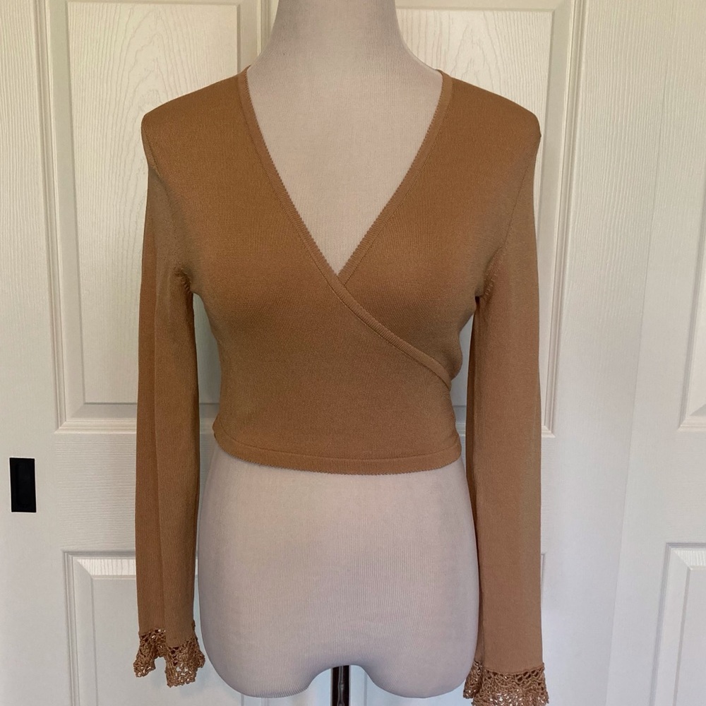 Imagination Tan Sweater S Crochet Cuffs - Picture 3 of 6